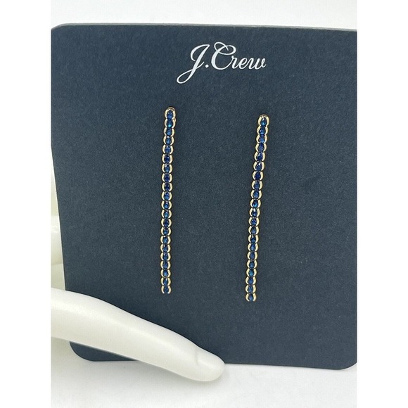 J. Crew Beautiful Blue Crystal Linear Dangle Gold Tone Earrings New - Picture 6 of 9
